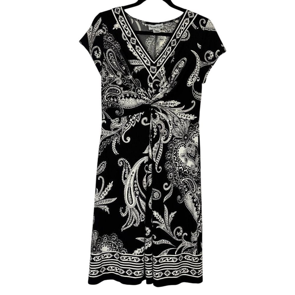 NorthStyle‎ Dress Women's Petite Small Black White Paisley Stretch V-Neck